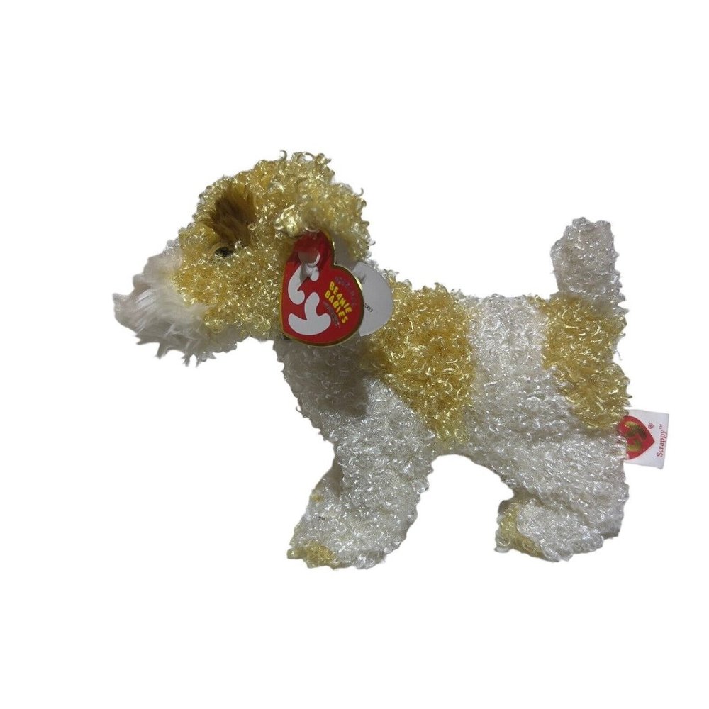 Ty Beanie Baby 2003 Dog Scrappy the Schnauzer 7" Puppy Plush With Tags Tan White